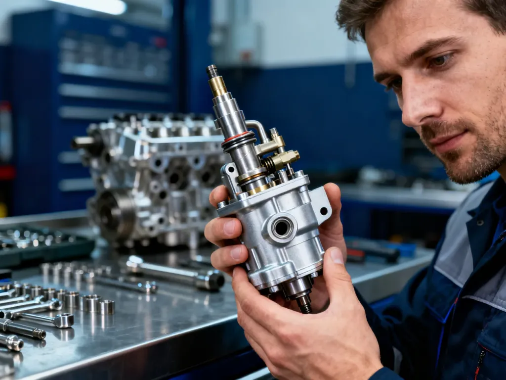 Mechanik w profesjonalnym warsztacie trzyma zdemontowaną pompę wtryskową podczas procesu jej precyzyjnej regeneracji.
