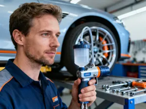Mechanik używa klucza przy zacisku hamulcowym samochodu, wykonując odpowietrzanie układu hamulcowego w profesjonalnym warsztacie.
