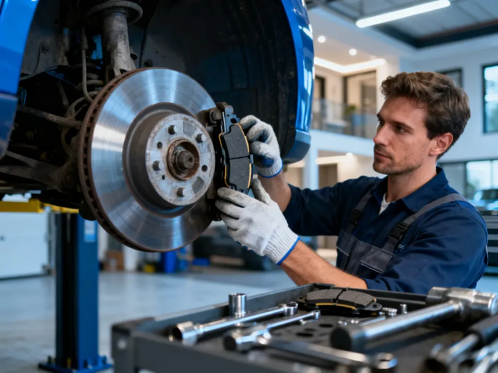 Mechanik w rękawicach roboczych montuje nowe klocki hamulcowe w samochodzie, używając specjalistycznych narzędzi.