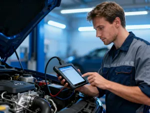Mechanik w profesjonalnym warsztacie dokonuje przeglądu układu rozrządu w silniku samochodu.