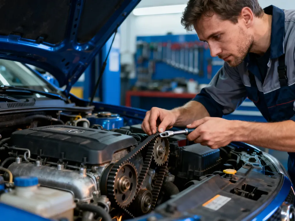 Mechanik w profesjonalnym warsztacie dokonuje przeglądu układu rozrządu w silniku samochodu.
