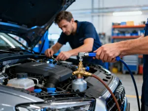 Mechanik nakłada czarną powłokę ochronną na podwozie samochodu w nowoczesnym warsztacie.