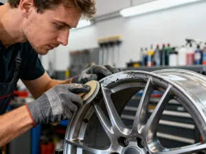 Mechanik w profesjonalnym warsztacie używa klucza pneumatycznego do montażu opony na feldze samochodowej.