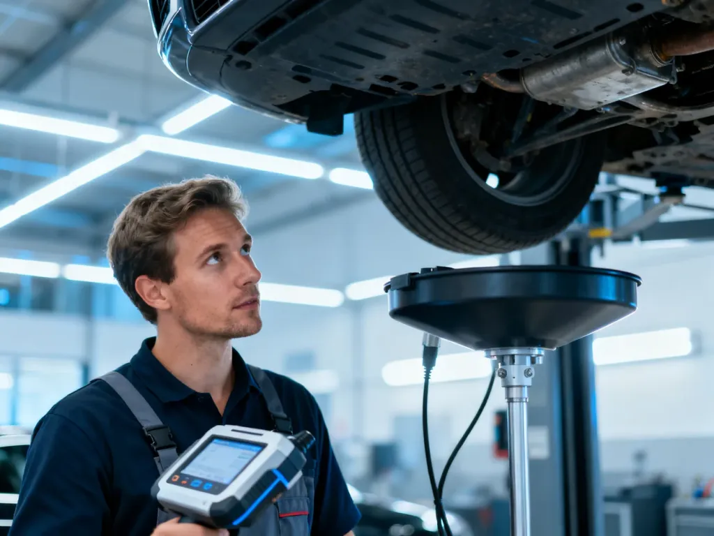 Mechanik dokonujący przeglądu podwozia samochodu na nowoczesnej stacji kontroli pojazdów.