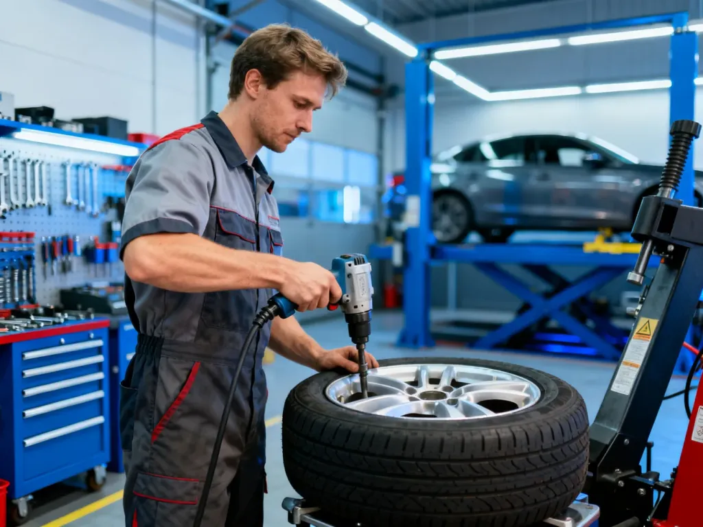 Mechanik w profesjonalnym warsztacie używa klucza pneumatycznego do montażu opony na feldze samochodowej.