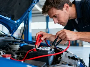 Mechanik samochodowy dokładnie sprawdza pęknięcie na przedniej szybie w profesjonalnym warsztacie.