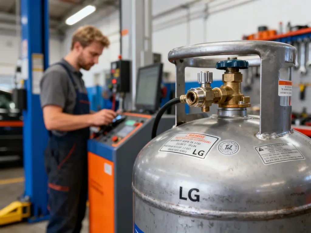 Zbliżenie na butlę LPG z widocznymi oznaczeniami homologacyjnymi w profesjonalnym warsztacie podczas kontroli technicznej.