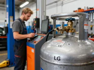 Mechanik używający nowoczesnego urządzenia laserowego do precyzyjnego ustawienia zbieżności kół w samochodzie.