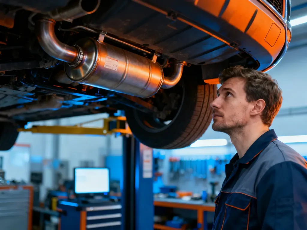 Mechanik sprawdza układ wydechowy i katalizator w samochodzie, diagnozując przyczynę błędu P0420.
