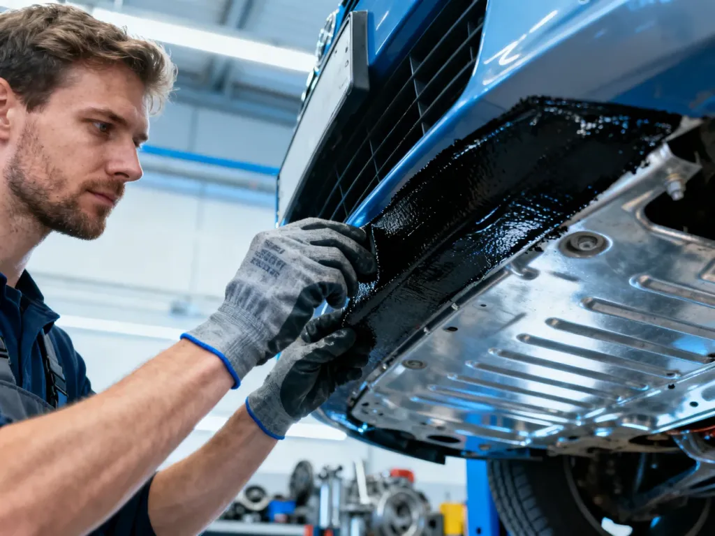 Mechanik w rękawicach ochronnych precyzyjnie nakłada czarną powłokę antykorozyjną na podwozie samochodu w profesjonalnym warsztacie.