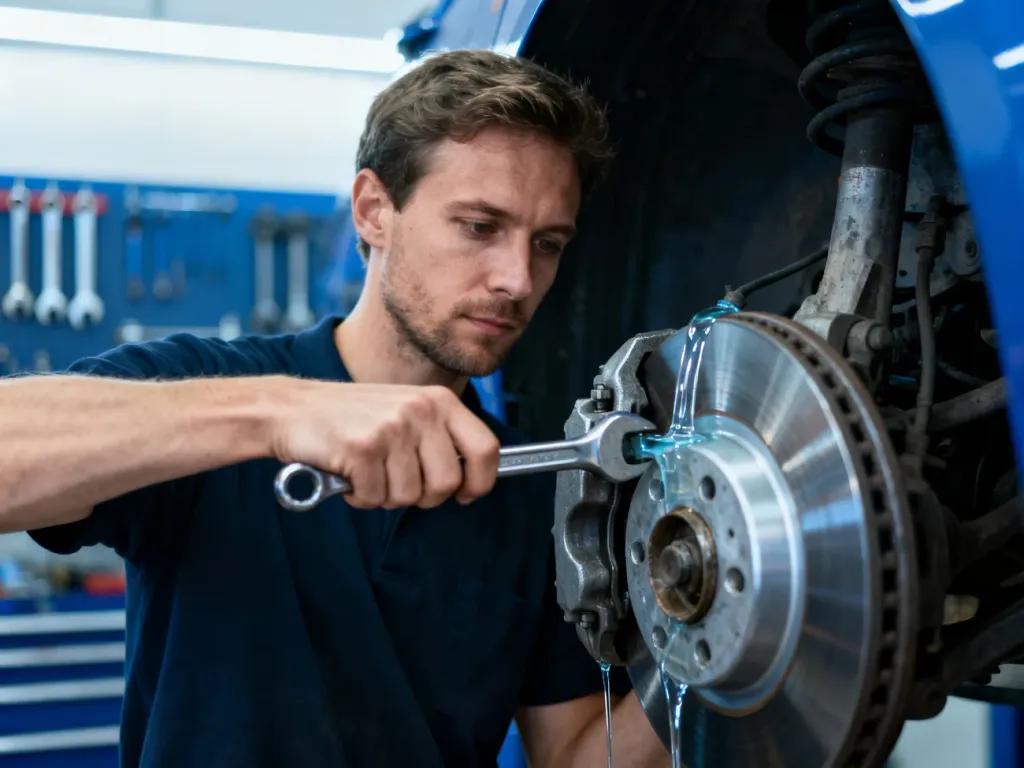 Mechanik używa klucza przy zacisku hamulcowym samochodu, wykonując odpowietrzanie układu hamulcowego w profesjonalnym warsztacie.