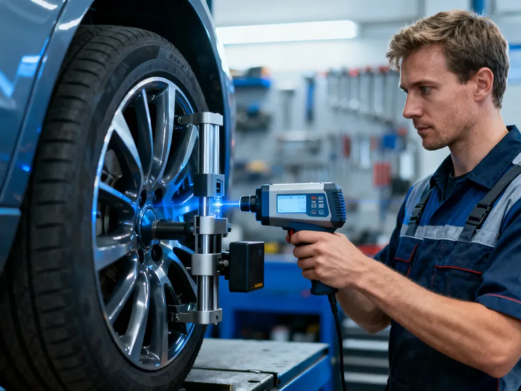 Mechanik używający nowoczesnego urządzenia laserowego do precyzyjnego ustawienia zbieżności kół w samochodzie.