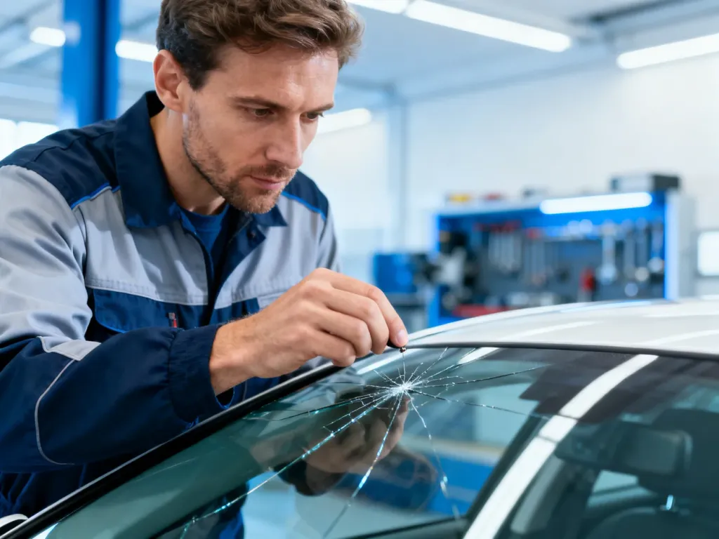 Mechanik samochodowy dokładnie sprawdza pęknięcie na przedniej szybie w profesjonalnym warsztacie.