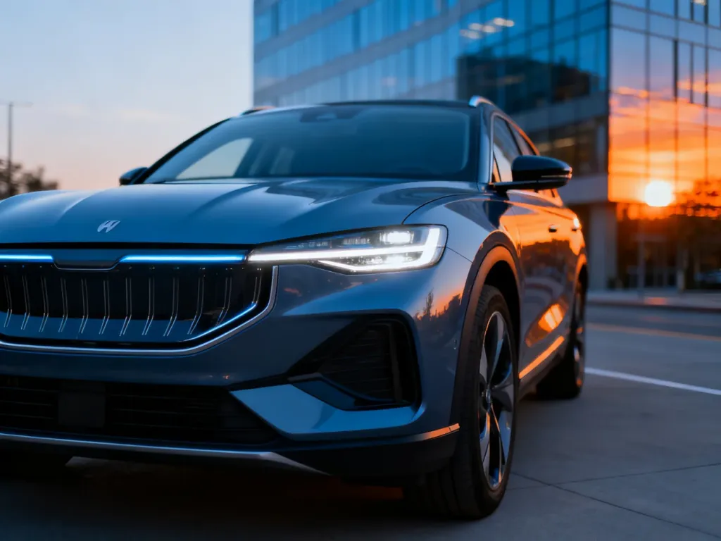 Nowoczesny elektryczny SUV z futurystycznymi reflektorami LED zaparkowany na tle miejskiej architektury.