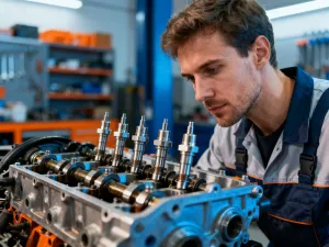 Mechanik trzyma profesjonalny zestaw do odpowietrzania hamulców w dobrze wyposażonym garażu.