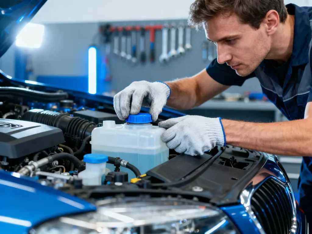 Mechanik ostrożnie odkręca korek zbiornika wyrównawczego płynu chłodniczego w nowoczesnym silniku samochodowym.