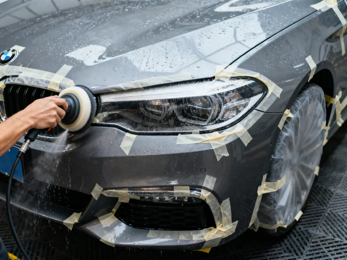 Ręczne szlifowanie mokrego klosza reflektora zabezpieczonego taśmą maskującą