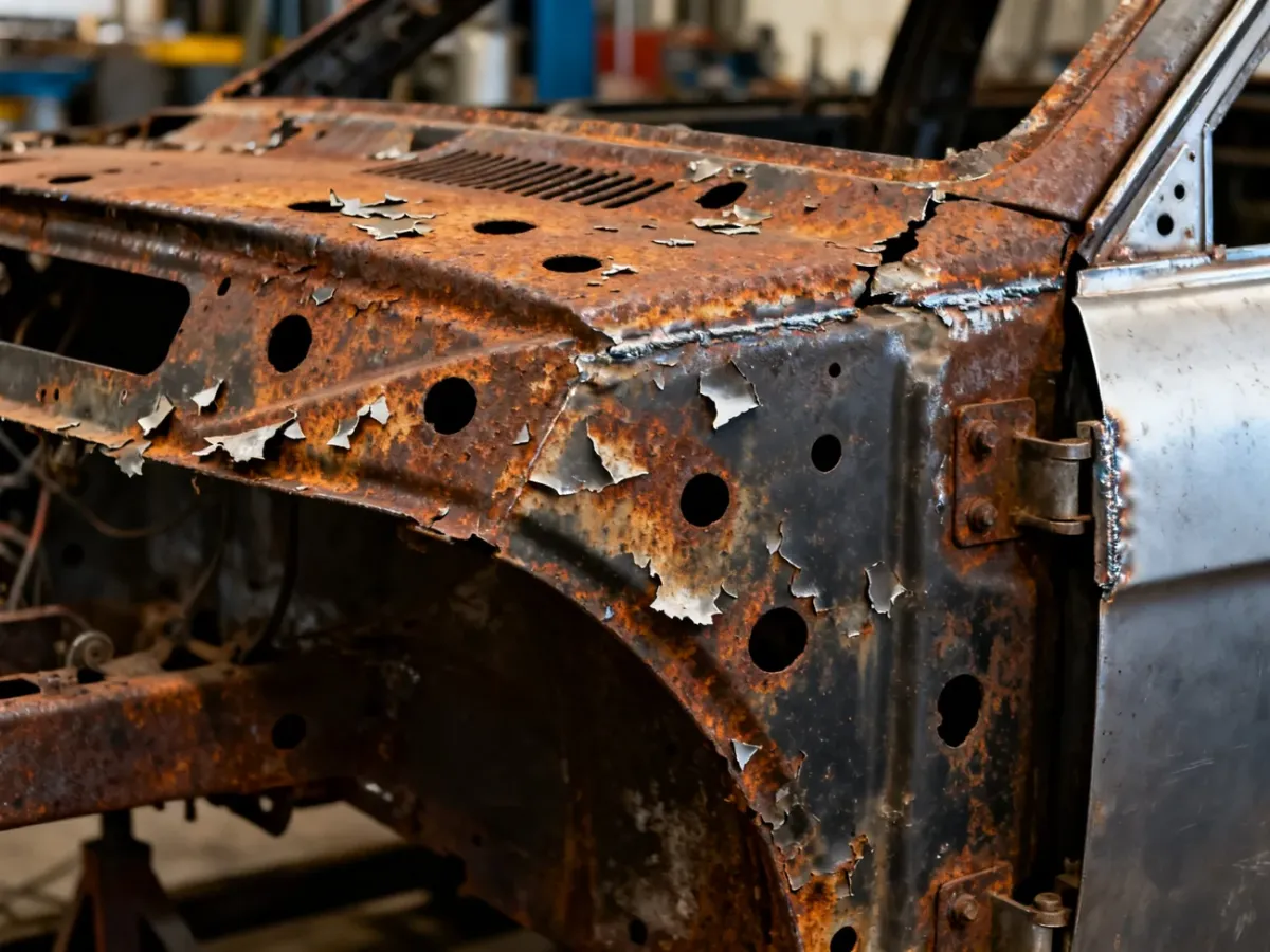 Perforated rust damage visible on a vehicle frame