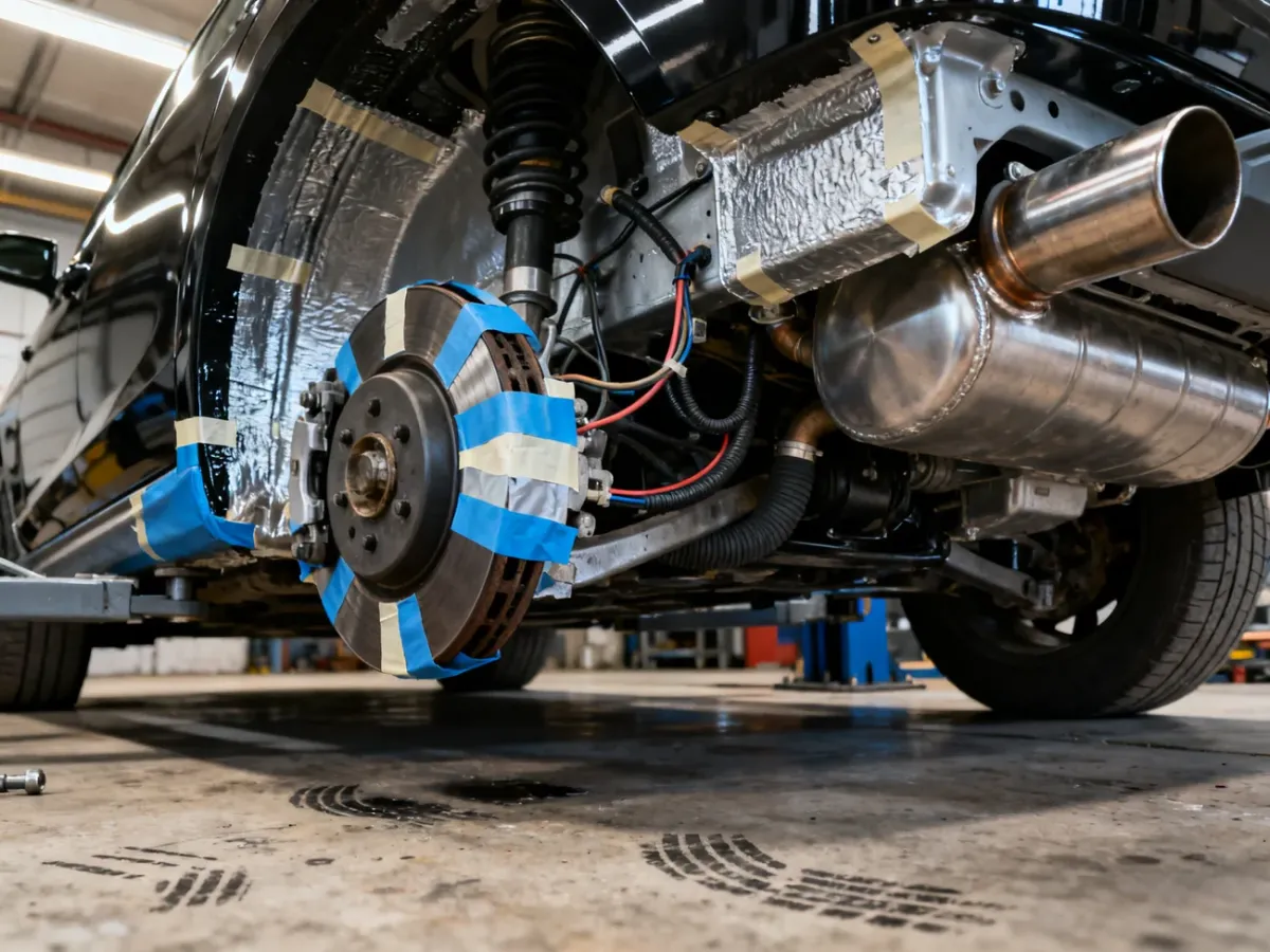 Car underbody masked to protect brakes, exhaust, hoses, and wiring