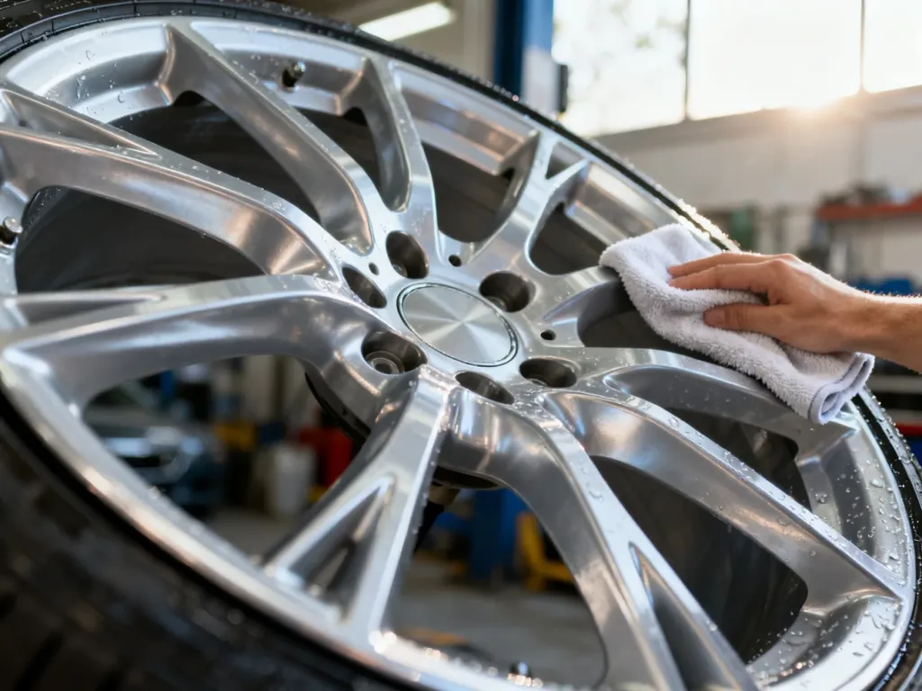 Czyszczenie srebrnej felgi aluminiowej za pomocą miękkiej ściereczki z mikrofibry w profesjonalnym warsztacie.
