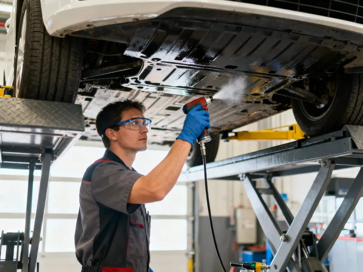 Mechanic applying corrosion protection beneath a safely lifted car