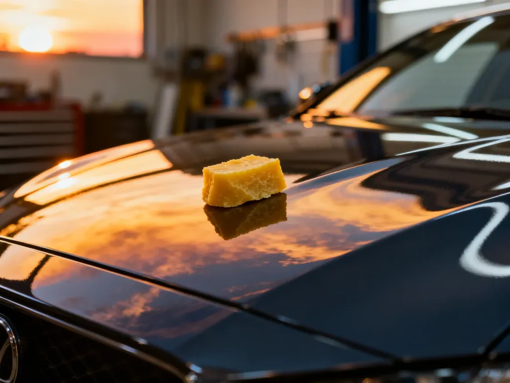 Lśniąca maska samochodu z odbiciem zachodzącego słońca oraz kawałkiem naturalnego wosku carnauba na powierzchni.