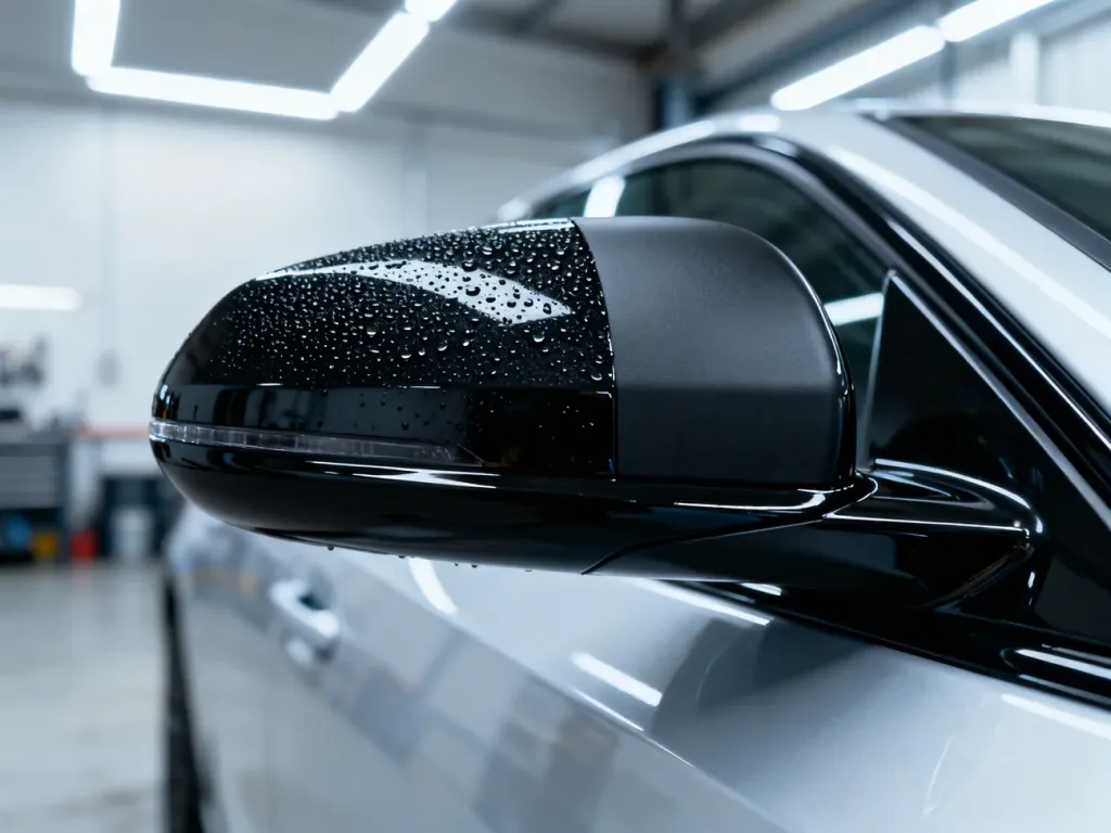 Porównanie połowy plastikowej listwy samochodowej: po lewej stronie efekt hydrofobowy powłoki ceramicznej, po prawej matowa powierzchnia.