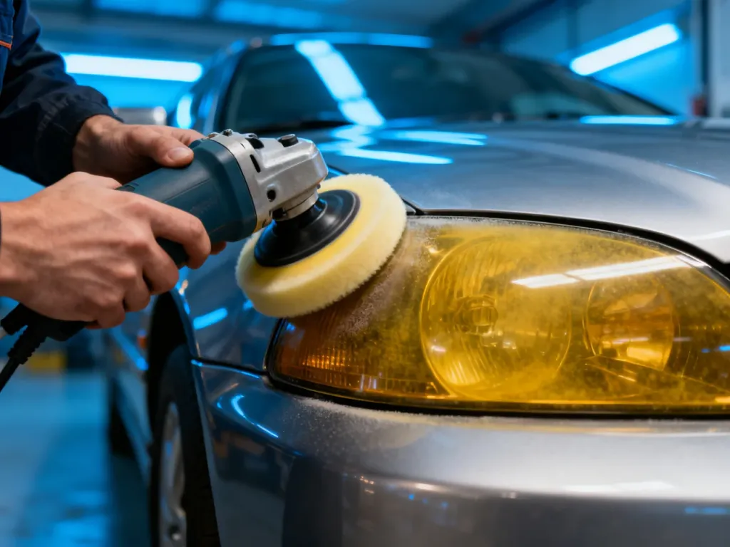 Mechanik poleruje zmatowiały reflektor samochodowy przy użyciu polerki rotacyjnej, przywracając mu przejrzystość.
