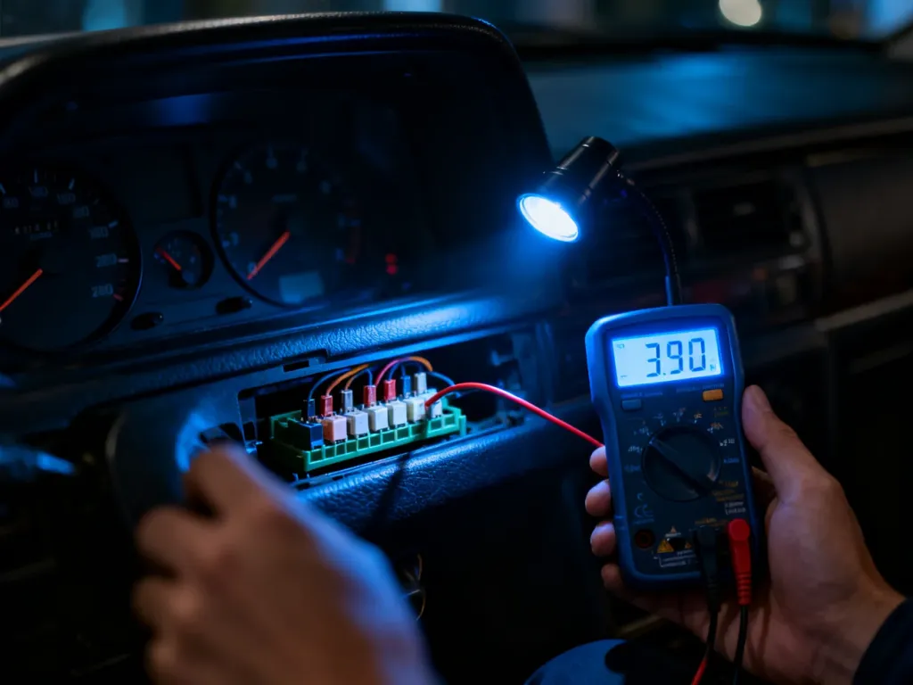 Mechanik sprawdza multimetrem instalację elektryczną samochodu z niepodświetloną deską rozdzielczą.