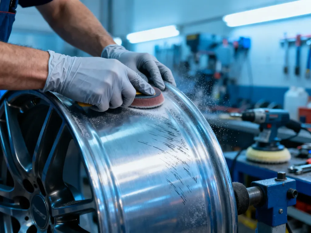 Mechanik w rękawicach ochronnych szlifuje porysowaną felgę aluminiową w profesjonalnym warsztacie.