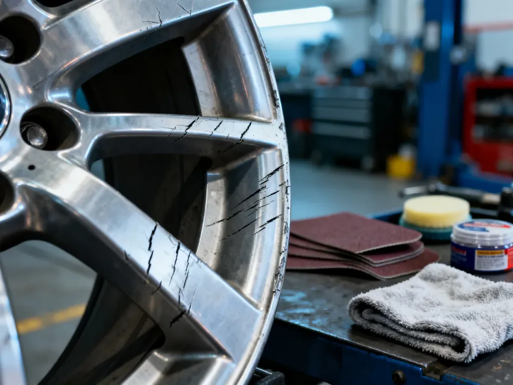 Zbliżenie na porysowaną felgę aluminiową w warsztacie, przygotowaną do procesu renowacji i usuwania uszkodzeń.